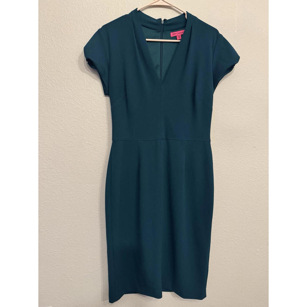 Betsey Johnson Womens Green‎ V-Neck Short Sleeve Back Zip Sheath Dress Size 10